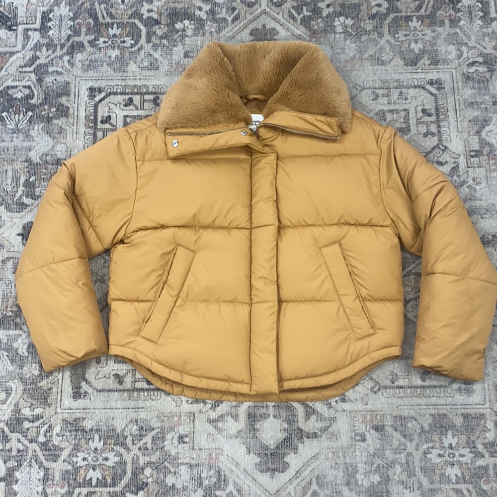 Abercrombie & Fitch Mini Tan Puffer Jacket Fur Collar - Picture 2 of 5